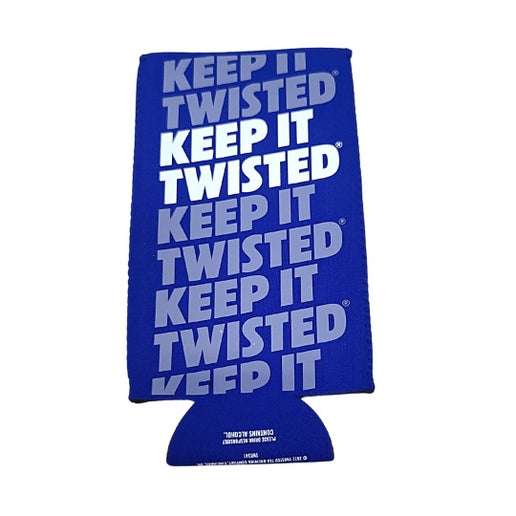 A blue can cooler with repeated silver text "KEEP IT TWISTED" stacked vertically down its length. A semicircular flap at the bottom of the koozie has small white text that is illegible.