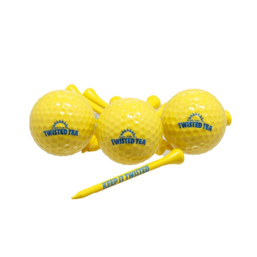 Three yellow golf balls and several yellow golf tees are scattered on a white background. Each golf ball features a blue "TWISTED TEA HARD ICED TEA" logo with a sunburst design. Each visible golf tee has "KEEP IT TWISTED" printed in blue along its shaft.