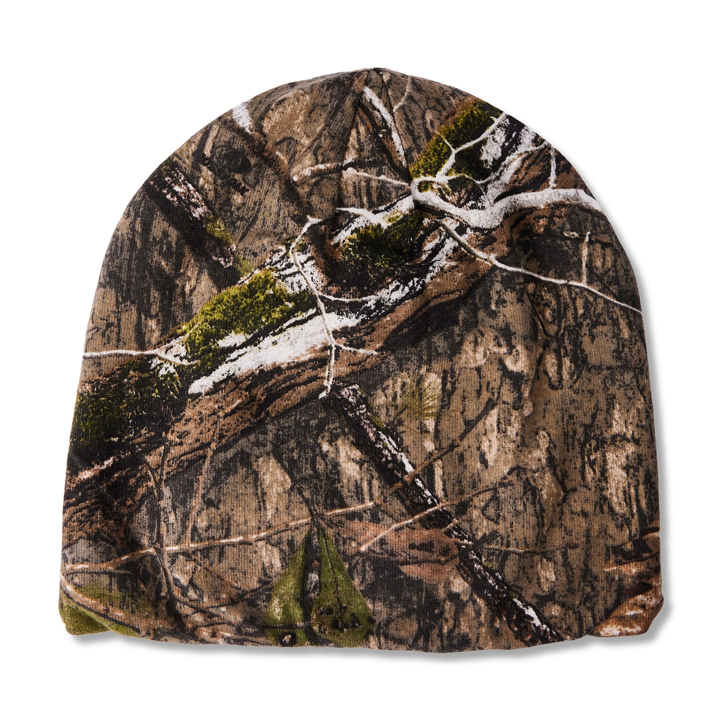 A beanie hat featuring a realistic winter camouflage pattern with brown tree bark, green moss, and white snow, shown against a plain white background.