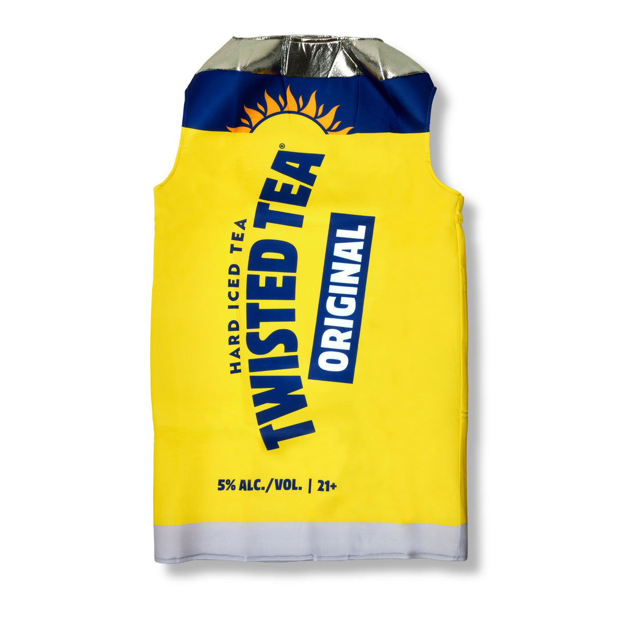 A novelty costume designed to look like a Twisted Tea Original hard iced tea can, featuring a bright yellow body, blue collar, and silver metallic top opening, with printed Twisted Tea branding.