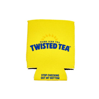 A flat yellow can cooler is displayed against a plain white background. The cooler is rectangular with a rounded top, and features two semicircular cutouts at the bottom for stability and to accommodate a can. The blue "TWISTED TEA" logo is prominently printed across the center in a bold, slightly arched font.