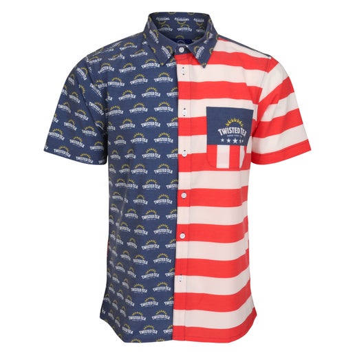 A short-sleeved button up shirt designed like the American flag. The left half of the shirt (wearer's left) is dark blue with white stars, and the right half (wearer's right) is red and white stripes, including a small pocket on the chest with a blue field and white stars.