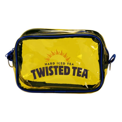 A translucent yellow cross-body bag with black trim and straps, featuring the "TWISTED TEA" logo in blue with a sunburst design above it on the front.