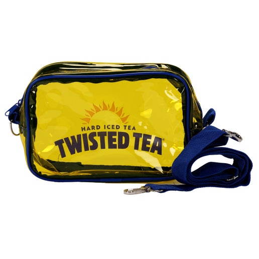 A translucent yellow cross-body bag with black trim and a dark blue strap, featuring the "TWISTED TEA" logo in blue with a sunburst design above it on the front.