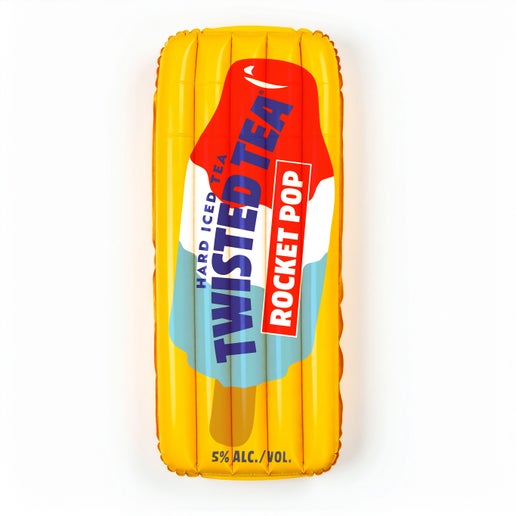A rectangular, ribbed yellow inflatable pool float, designed to look like a large Rocket Pop. The float features a graphic of a red, white, and blue ice pop with a wooden stick at the bottom. The text "HARD ICED TEA" is on the white section, "TWISTED TEA" in blue is prominently displayed across the red and white sections, and "ROCKET POP" in red is on the white section. "5% ALC./VOL." is written in small black text at the bottom of the float.