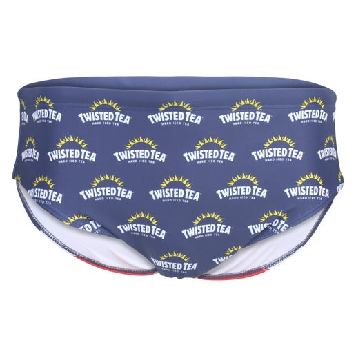 A pair of men's swim briefs with a dark blue background patterned with multiple small white "TWISTED TEA" logos, each featuring a sunburst design above it. The edges of the briefs are white, with a hint of red lining visible.