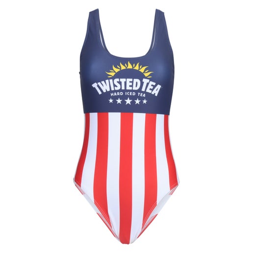 A one-piece swimsuit with an American flag design. The top half is dark blue with a white "TWISTED TEA" logo, a yellow sunburst above it, and five white stars below. The bottom half features vertical red and white stripes.