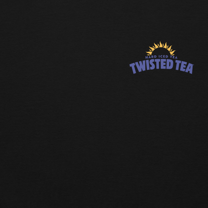 Close up of Hard Ice Tea Twisted Tea logo on a black sweatshirt