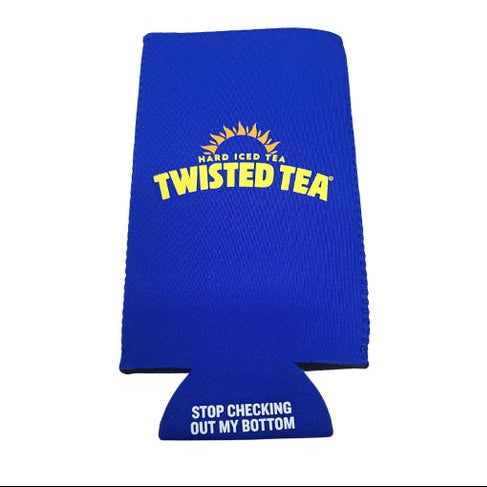 A blue can cooler with a yellow "TWISTED TEA HARD ICED TEA" logo and a sunburst design on the front. A semicircular flap at the bottom of the can cooler reads "STOP CHECKING OUT MY BOTTOM" in white text.