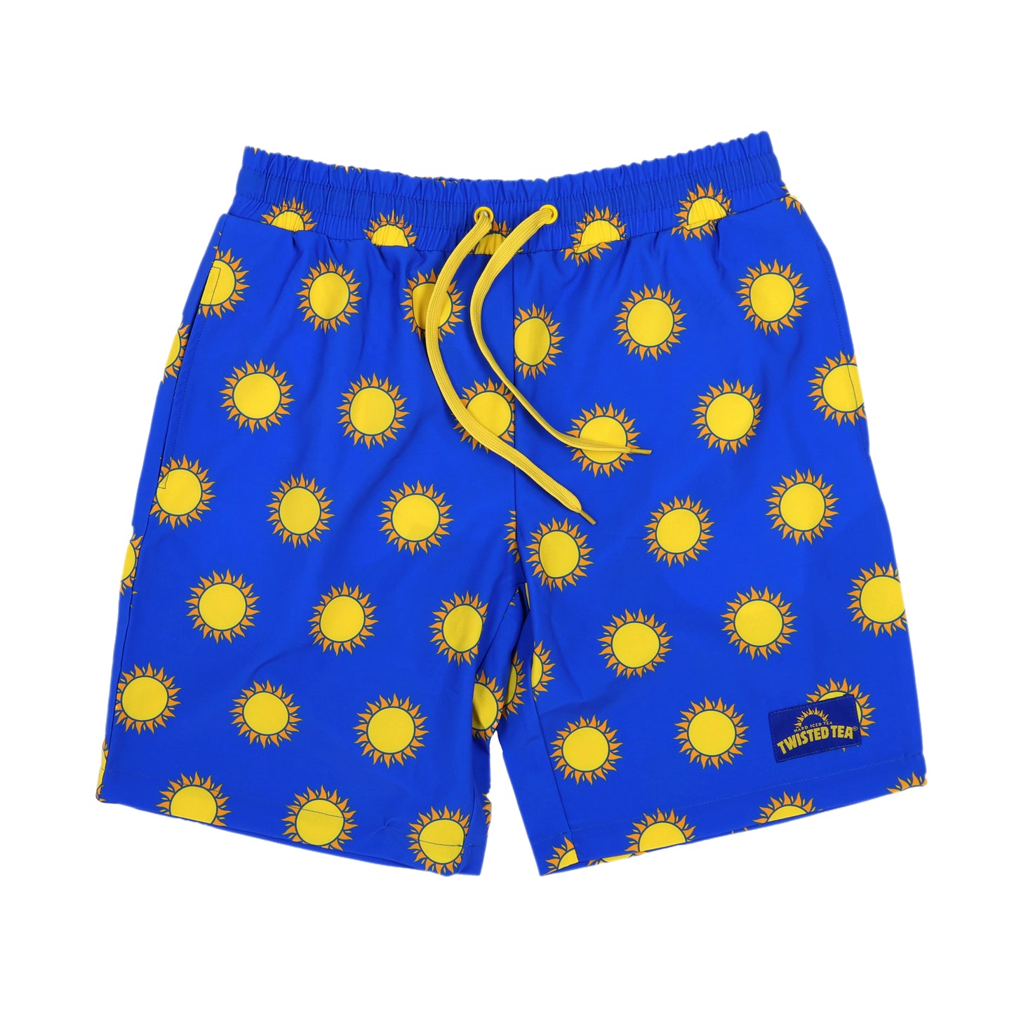 Blue swim shorts with yellow sun patterns on a white background