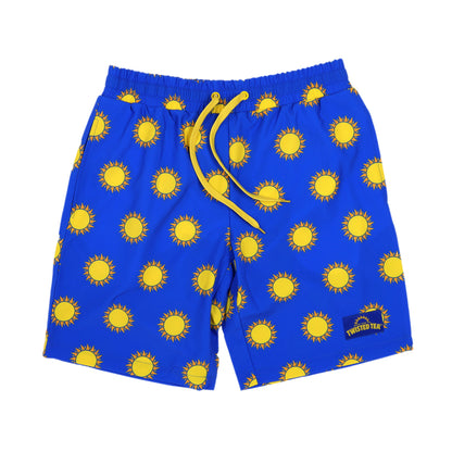 Blue swim shorts with yellow sun patterns on a white background