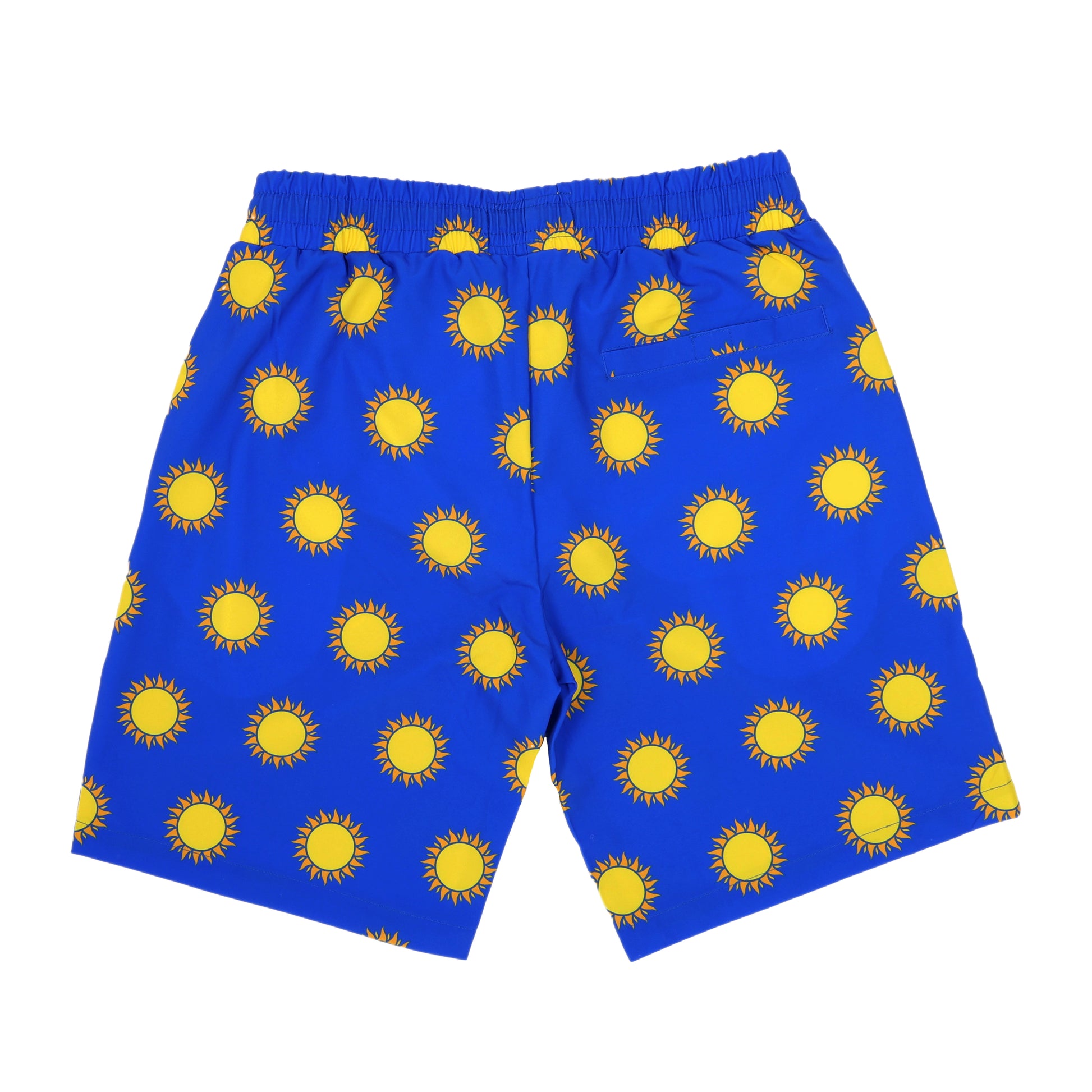 Blue shorts with yellow sun patterns on a white background