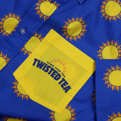 Blue shirt with sun patterns and Twisted Tea branding on a matching background