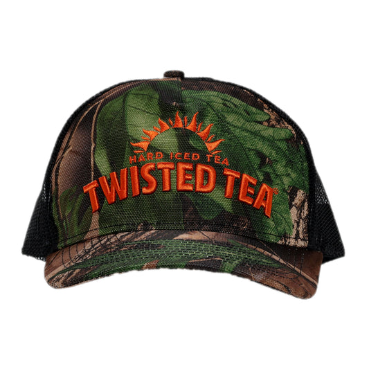 Camouflage cap with 'Twisted Tea' branding on a white background