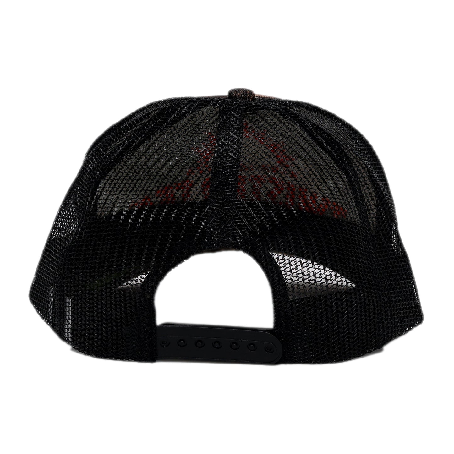 Black mesh cap with red text on a white background