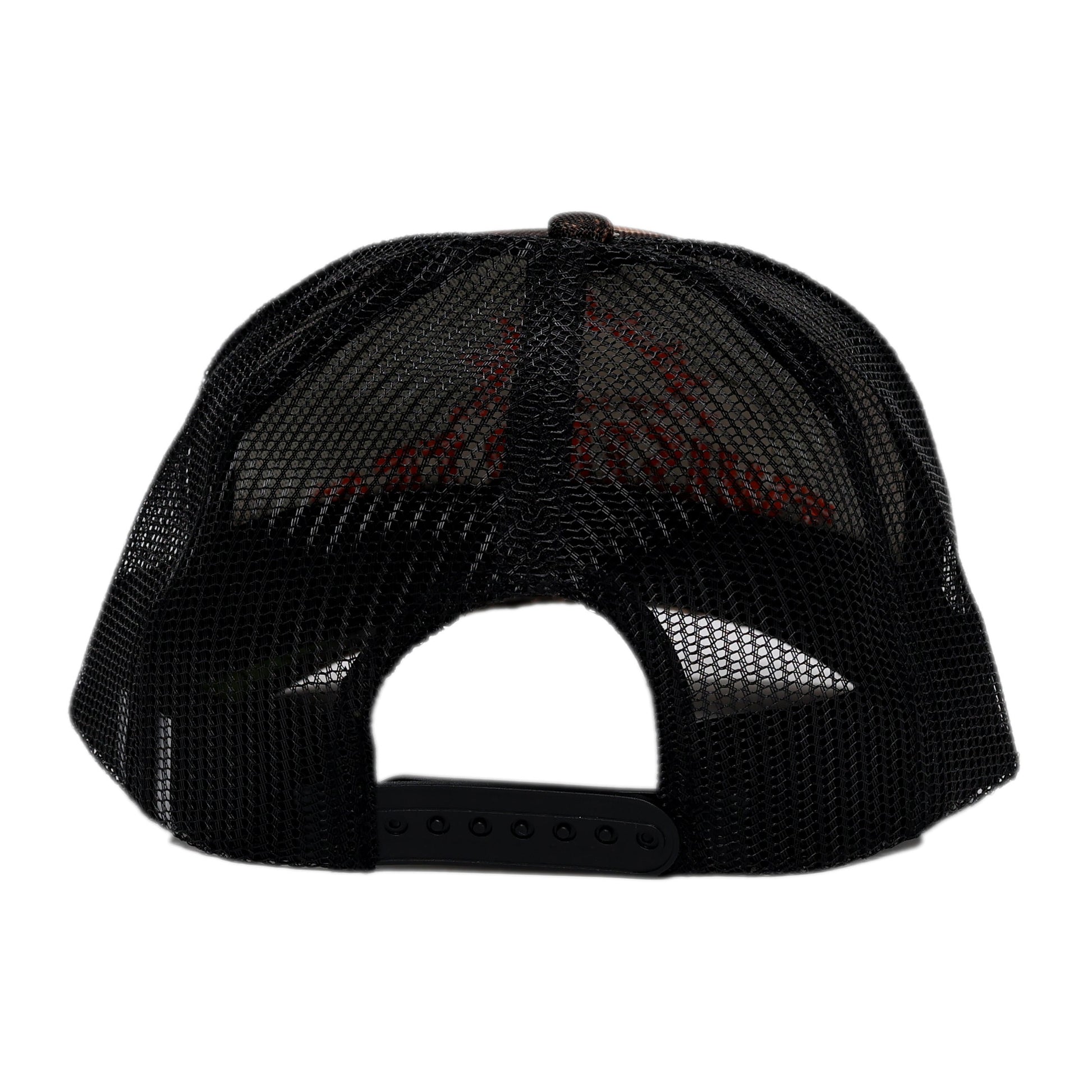 Black mesh cap with red text on a white background