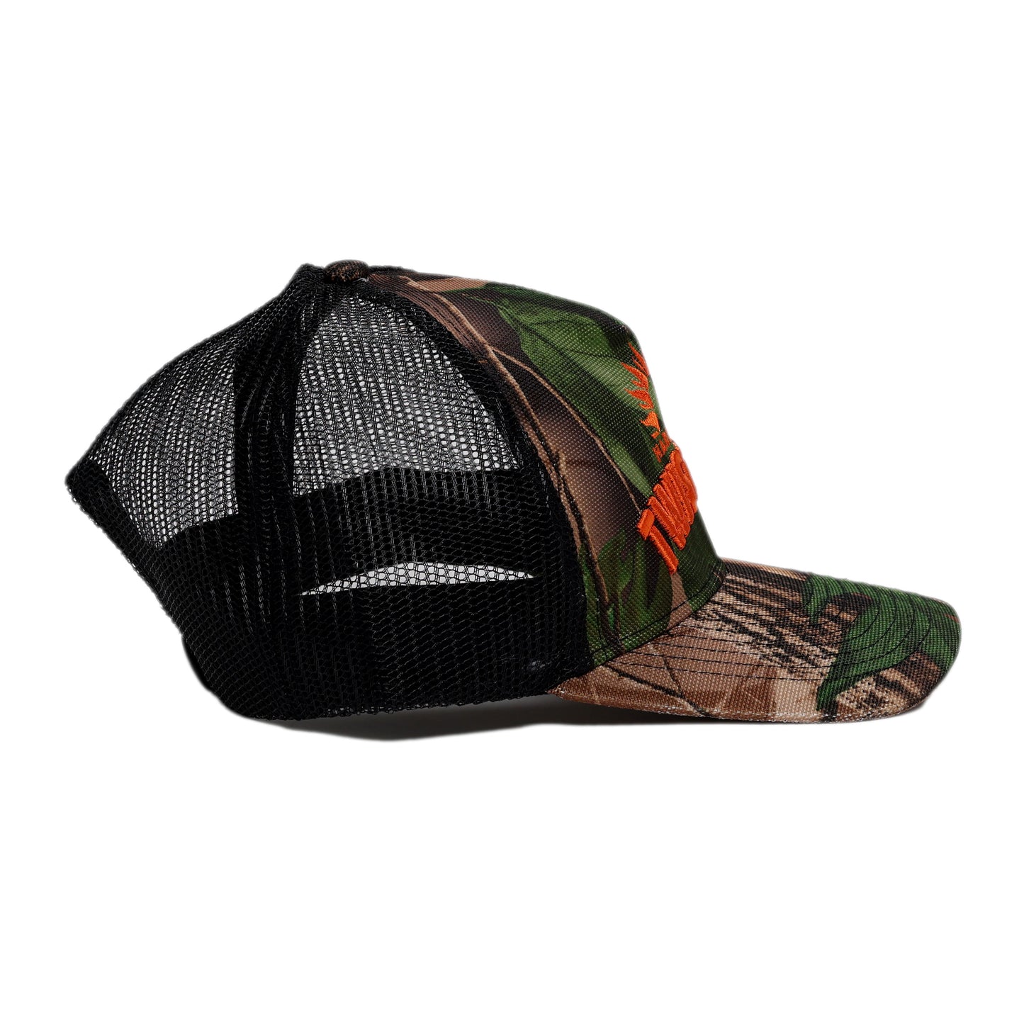 Camouflage baseball cap with mesh back on a white background
