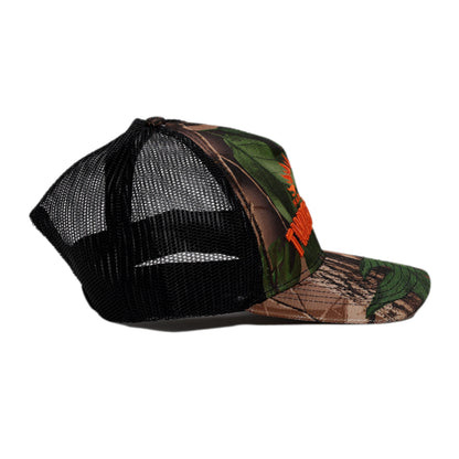 Camouflage baseball cap with mesh back on a white background
