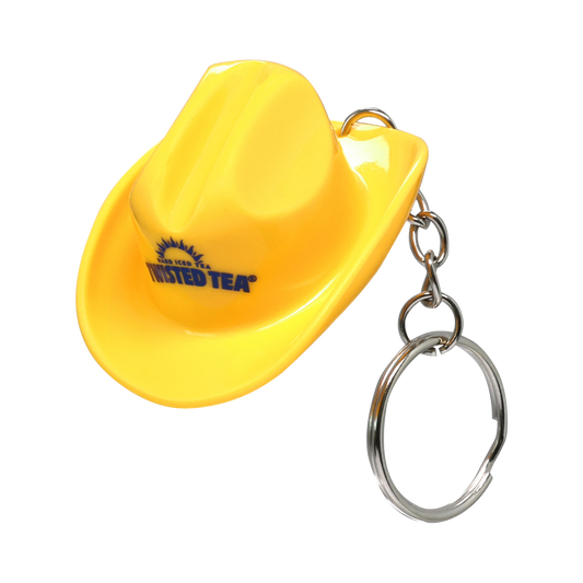 Yellow cowboy hat keychain with Twisted Tea logo on a white background