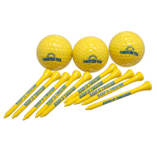 Three yellow golf balls and nine yellow golf tees are arranged on a white surface. Each golf ball has a blue "TWISTED TEA" logo with a sunburst design. Each golf tee has "KEEP IT TWISTED" written in blue along its shaft.