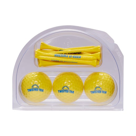 A clear plastic container designed to hold golf accessories. Inside, three yellow golf balls with blue "TWISTED TEA" branding are visible in the lower curved section. Above them, in a rectangular slot, are several yellow golf tees, each with "KEEP IT TWISTED" printed in blue text.