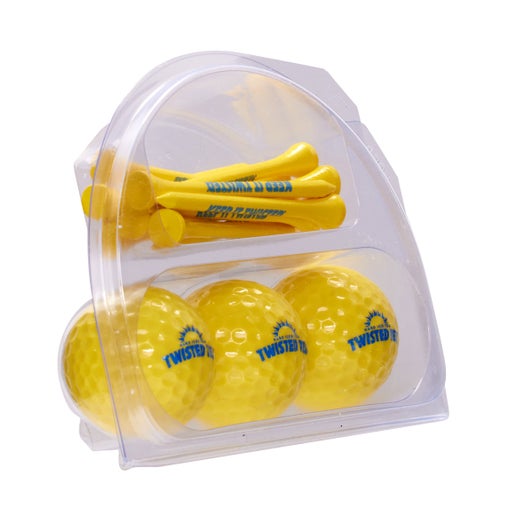 A clear plastic container designed to hold golf accessories, shown at an angle. Inside, three yellow golf balls with blue "TWISTED TEA" branding are visible in the lower curved section. Above them, in a rectangular slot, are several yellow golf tees, each with "KEEP IT TWISTED" printed in blue text, with some tees appearing to be stacked.