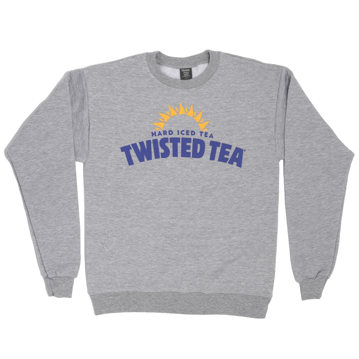 Gray sweatshirt with Twisted Tea logo on a white background
