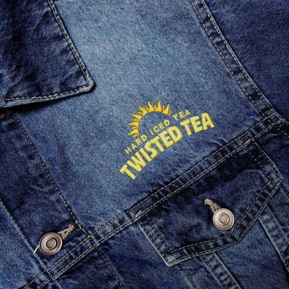 Embroidered Twisted Tea logo on a denim jacket