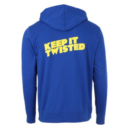 A royal blue hooded sweatshirt with "KEEP IT TWISTED" in large, bold yellow text across the upper back, shown from behind.