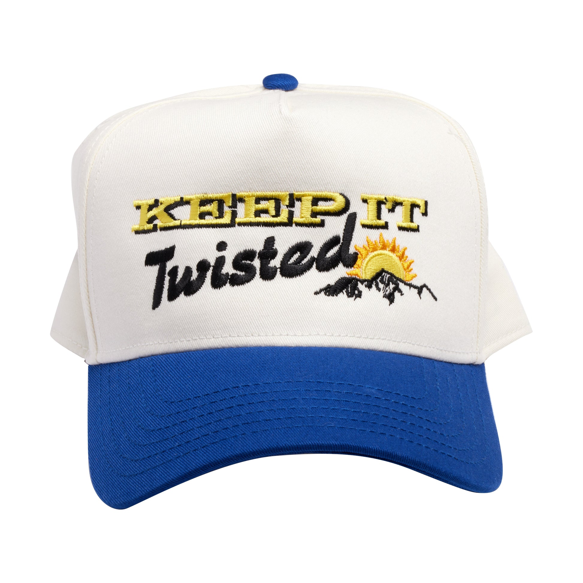 Cap is white with a blue brim. Featured on the front in yellow writing is "KEEP IT" directly below in black writing is "Twisted" in script and a small graphic of a mountain and sun.