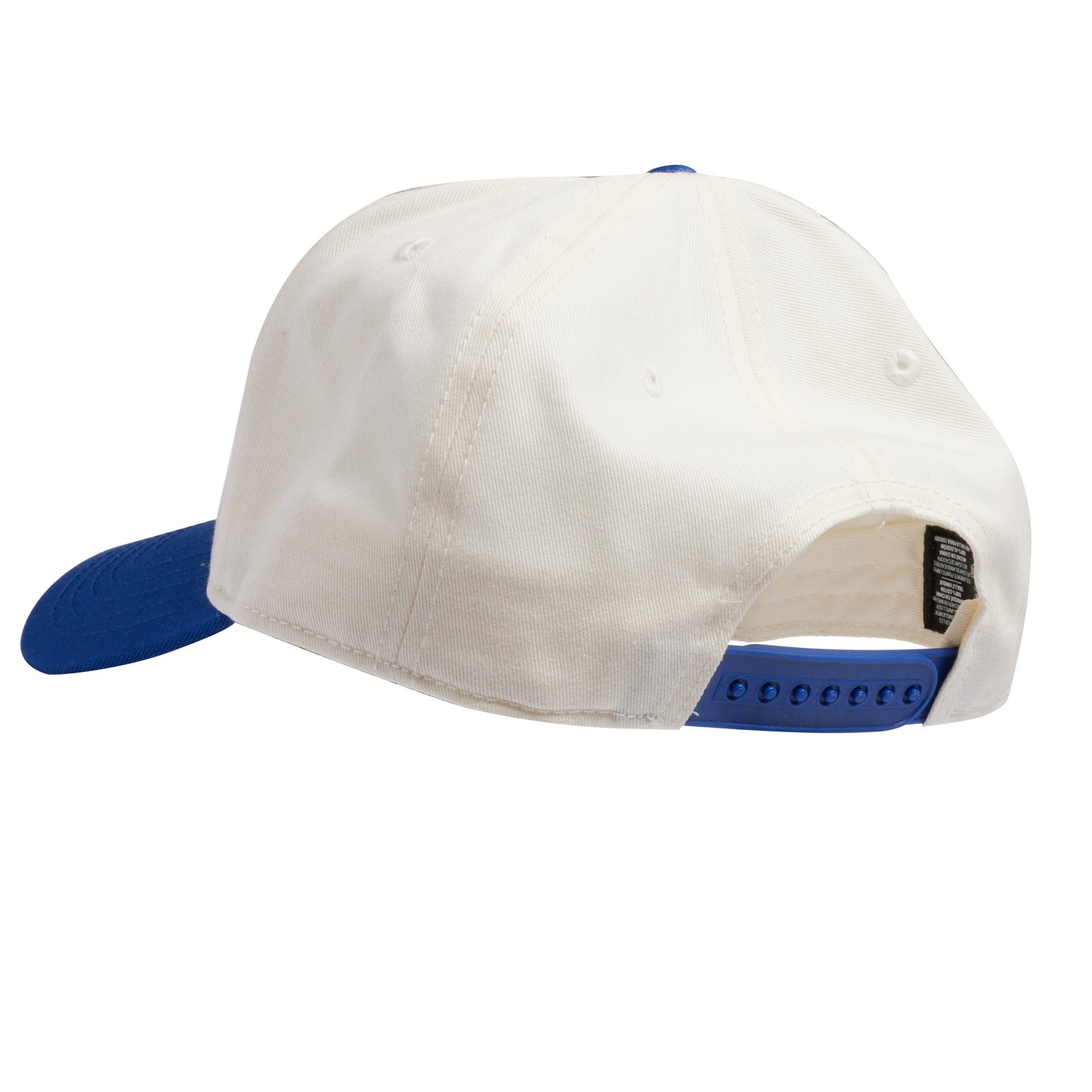Back of cap is solid white with a blue adjustable strap.