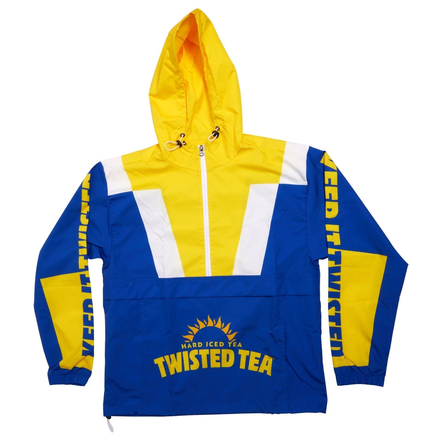 Blue windbreaker with yellow hood. Front waist features Twisted Tea sun logo graphic, and both arms feature writing "Keep It Twisted" along them.