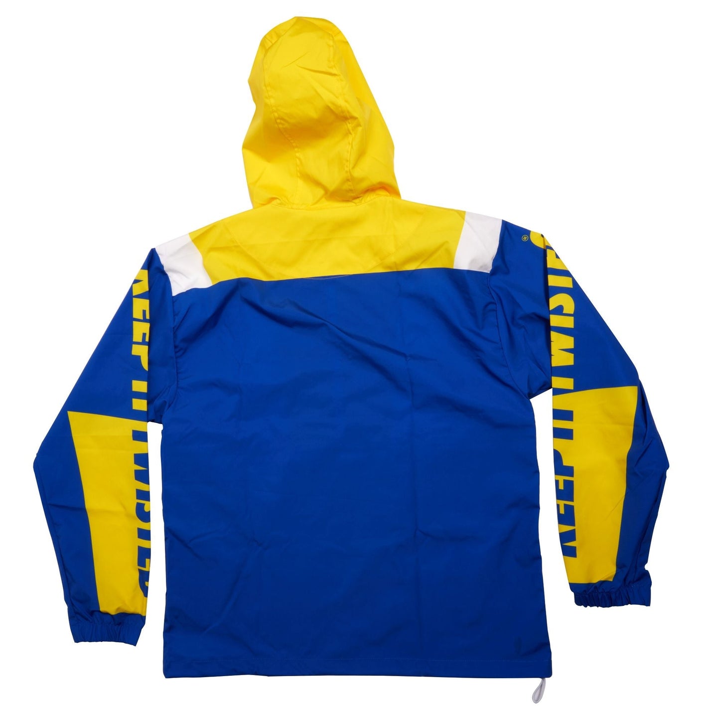 Blue windbreaker with yellow hood. Back is solid blue besides hood, and both arms feature writing "Keep It Twisted" along them.