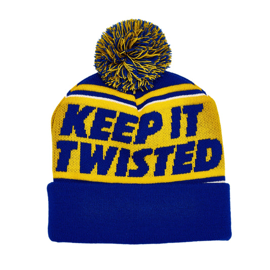 Blue fold over beanie, with a yellow top and writing "Keep it Twisted" in blue on the front and back. Blue and yellow pom at the top of the beanie.