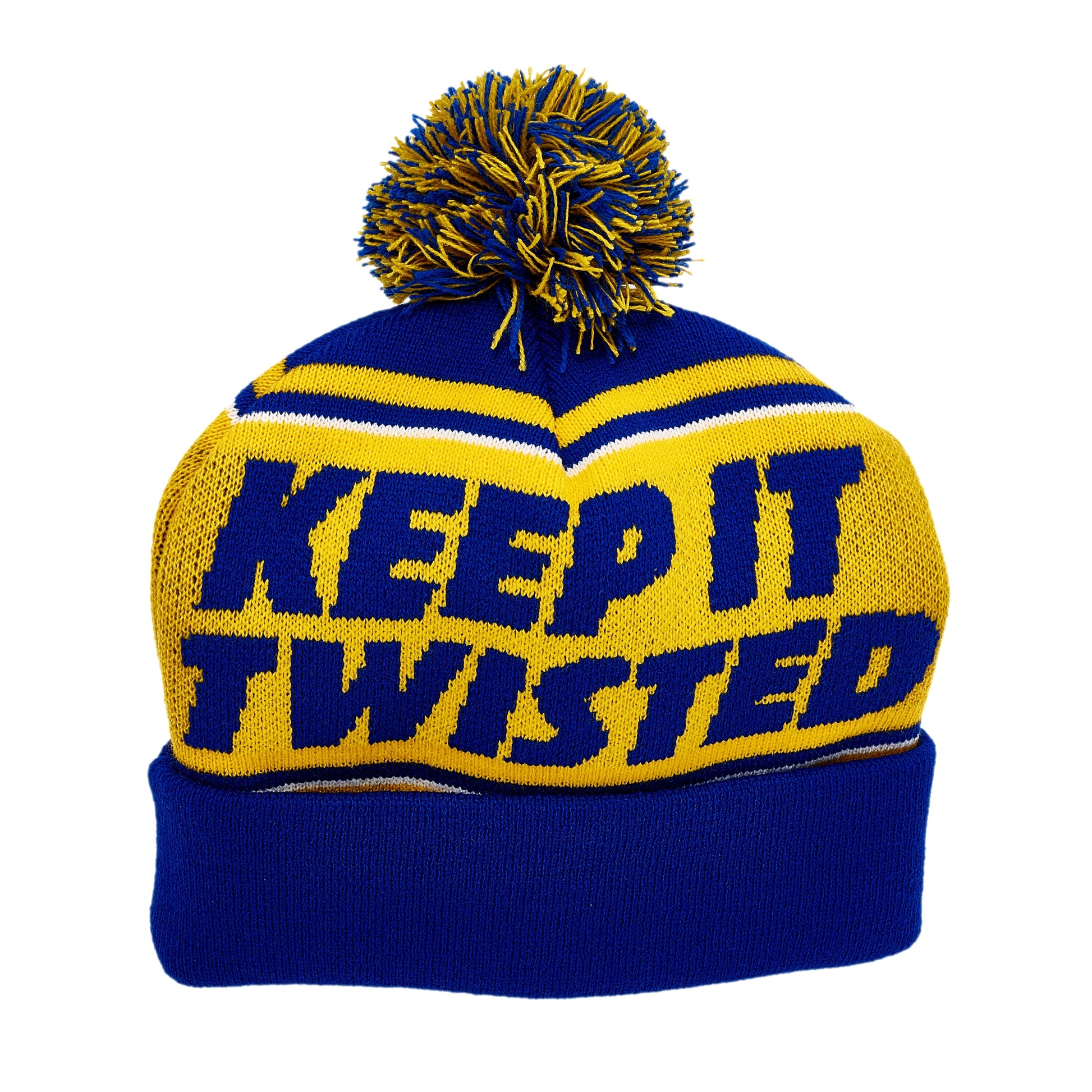 Blue fold over beanie, with a yellow top and writing "Keep it Twisted" in blue on the front and back. Blue and yellow pom at the top of the beanie.