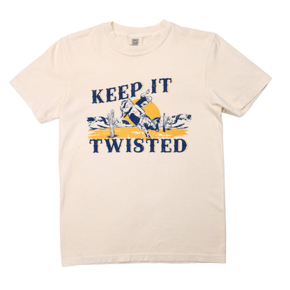 Beige t-shirt with 'Keep It Twisted' graphic design on a white background