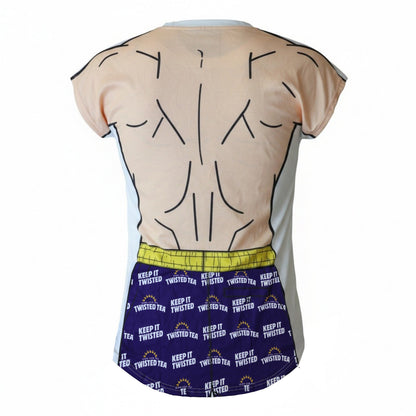 Twisted Tea swim cover-up dress back view with cartoon muscle print and ‘Keep It Twisted’ shorts design