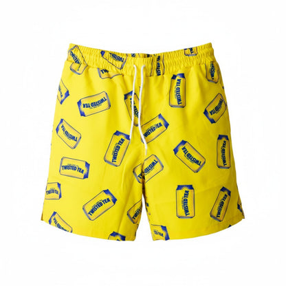 Twisted Tea swim trunks in yellow with can print, front view showing adjustable drawstring waistband