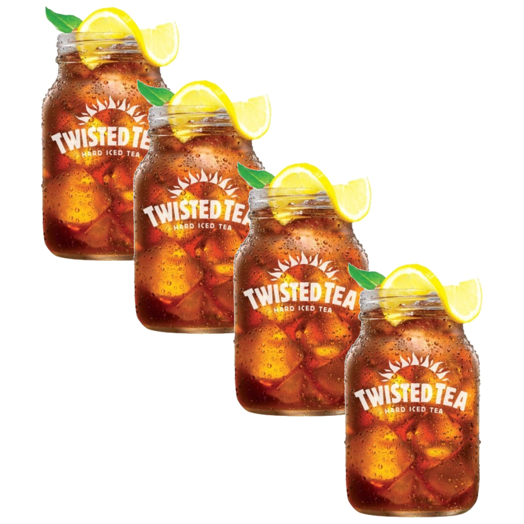 Four jars of Twisted Tea with lemon slices on a white background