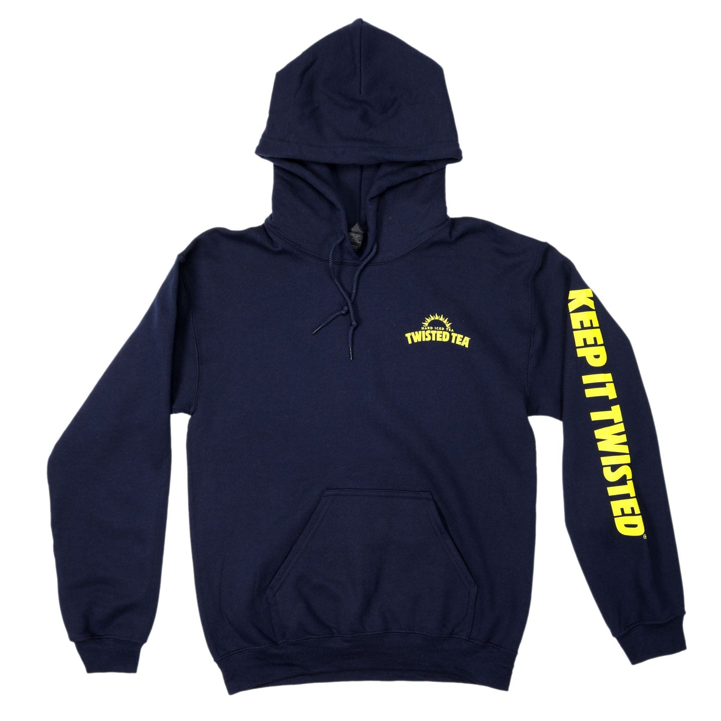 Navy blue pullover hoodie with small yellow sun Twisted Tea logo and keep it twisted down the left sleeve