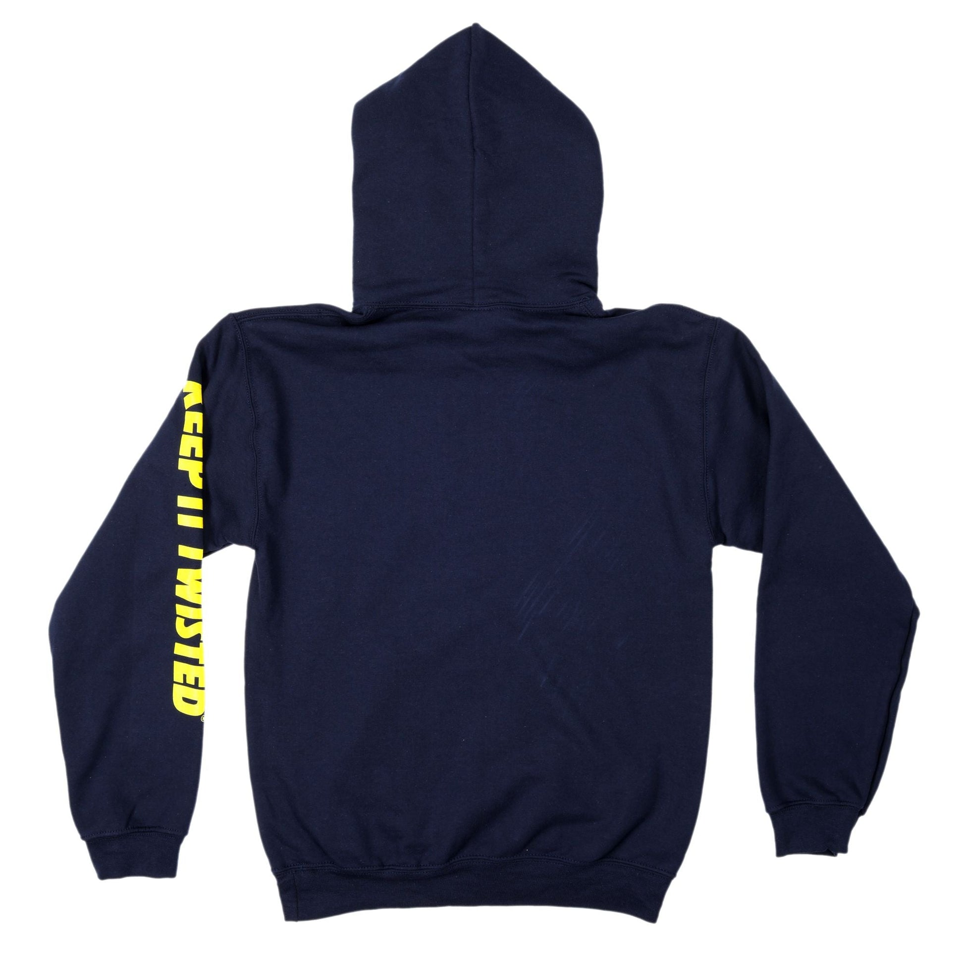 Backview of navy blue pullover hoodie with small yellow sun Twisted Tea logo and keep it twisted down the left sleeve