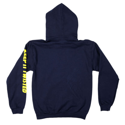 Backview of navy blue pullover hoodie with small yellow sun Twisted Tea logo and keep it twisted down the left sleeve