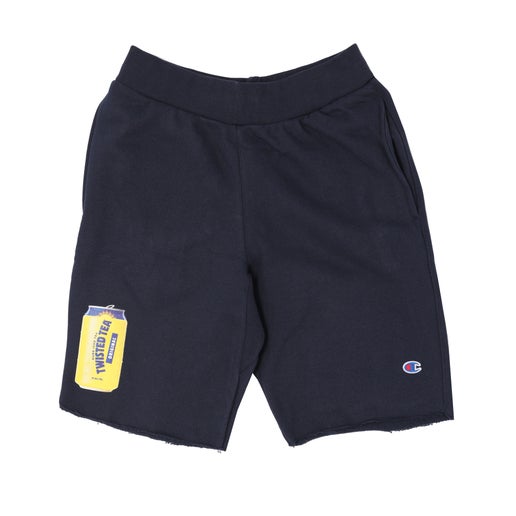 Dark navy blue fleece shorts with a raw cut hem. On the left leg, there is a large yellow graphic of a Twisted Tea brand can, and near the bottom of the right leg, a small red, white, and blue Champion brand logo is embroidered.