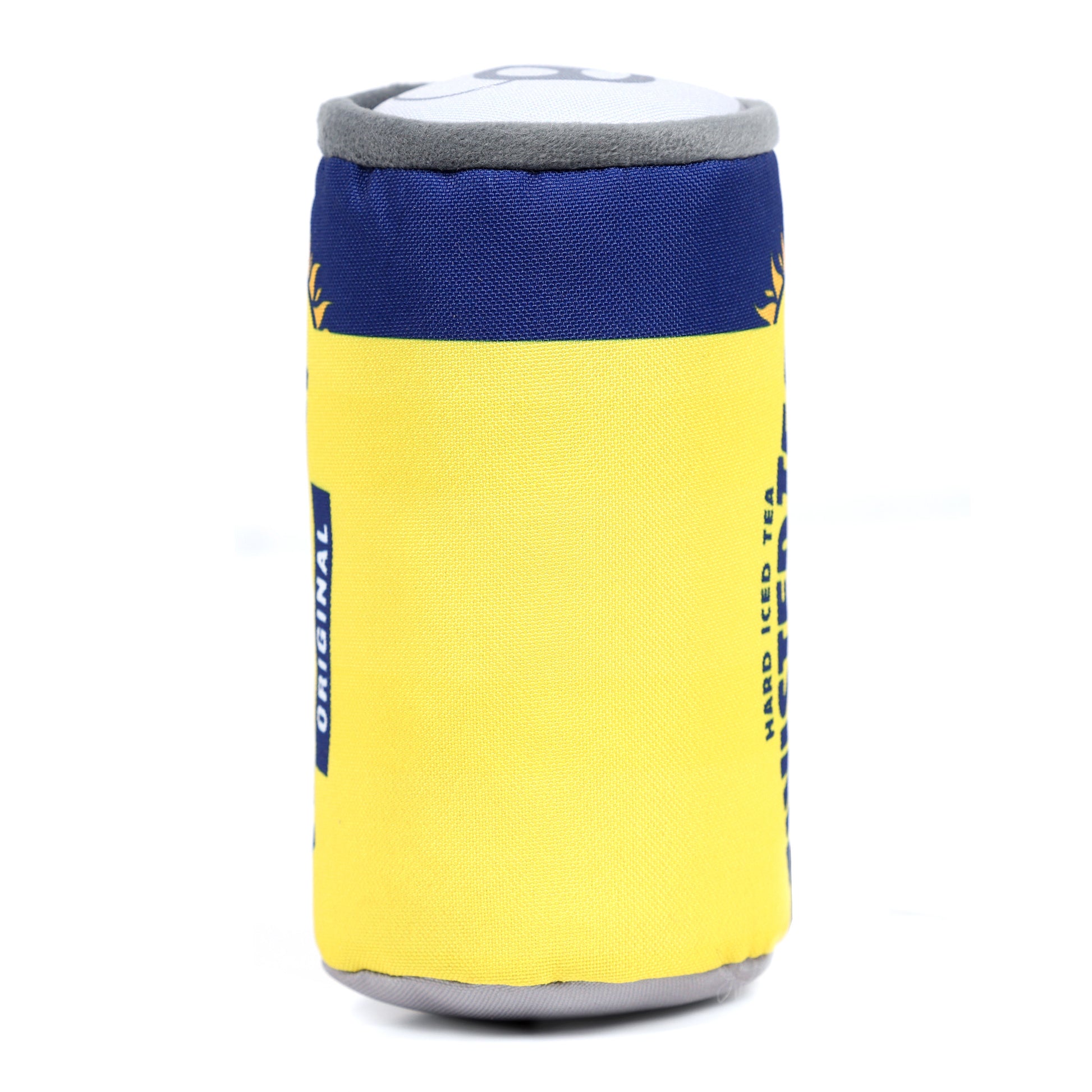 Yellow can cooler with blue accents on a white background