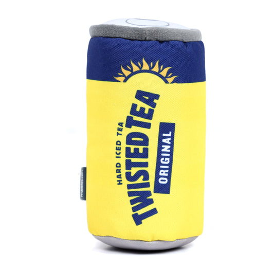 Yellow and blue Twisted Tea can cooler on a white background