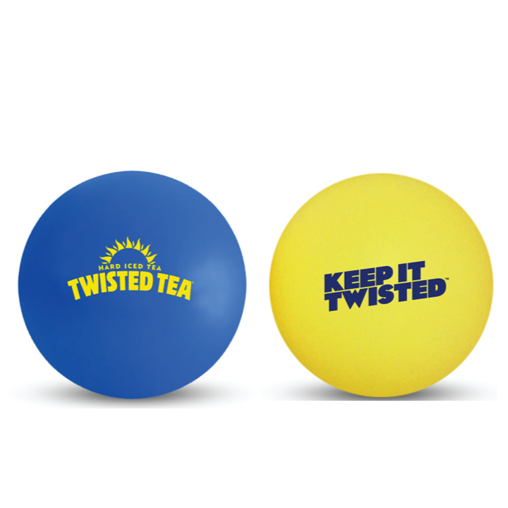 Twisted Tea branded ping pong balls in blue and yellow, featuring logo and “Keep It Twisted” slogan graphics.