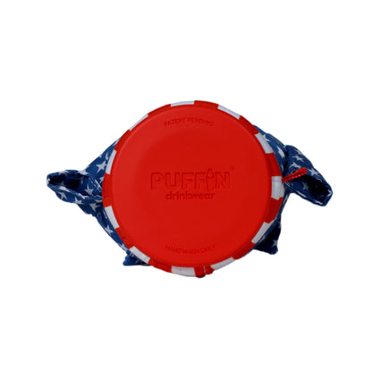 Red lid with 'Puffin Drinkwear' branding on a white background