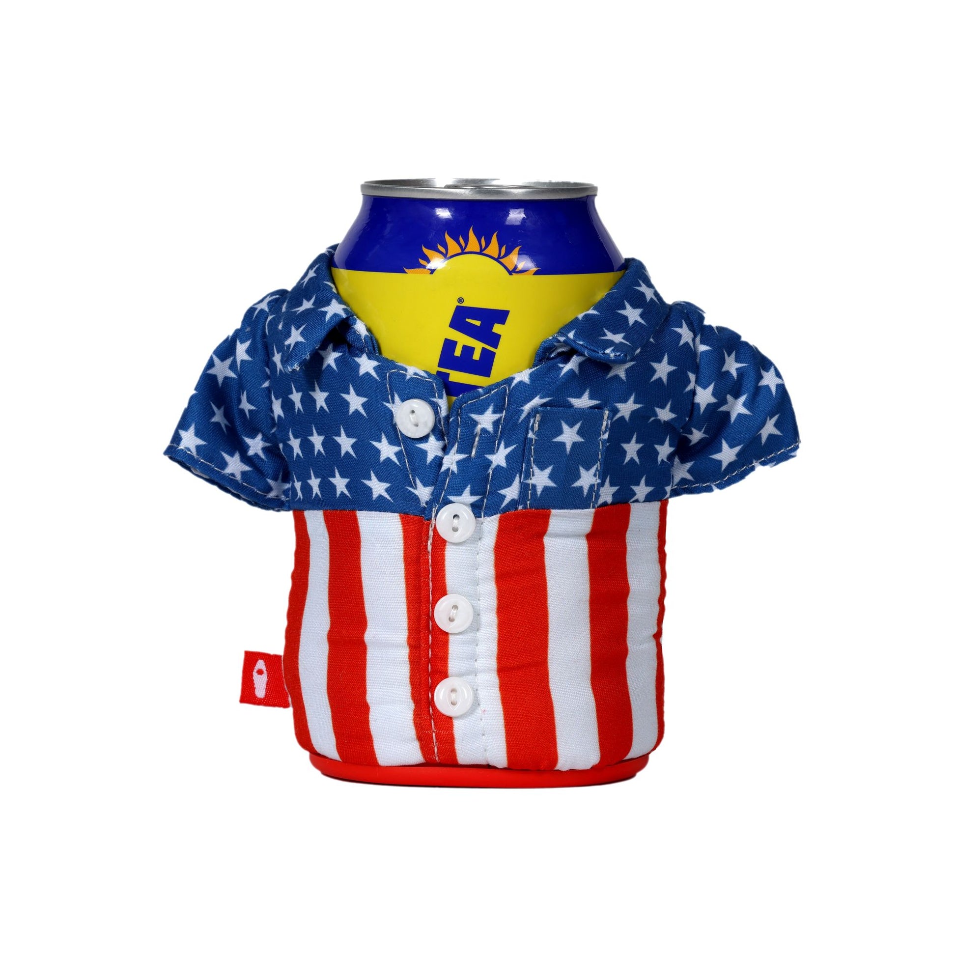 Can cooler shaped like a shirt with American flag design on a white background
