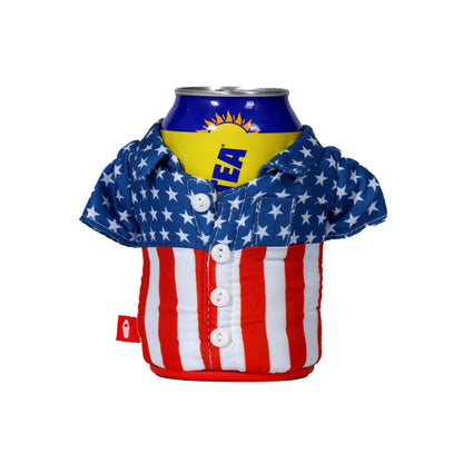 Can cooler shaped like a shirt with American flag design on a white background