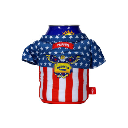 Puffin Twisted Tea bottle cover with American flag design on a white background